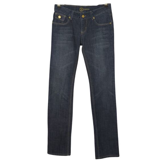 Bebe Bling Pocket Dark Wash Kayla Low Rise Straight Leg Jeans Y2K Sz 26 - Picture 2 of 7